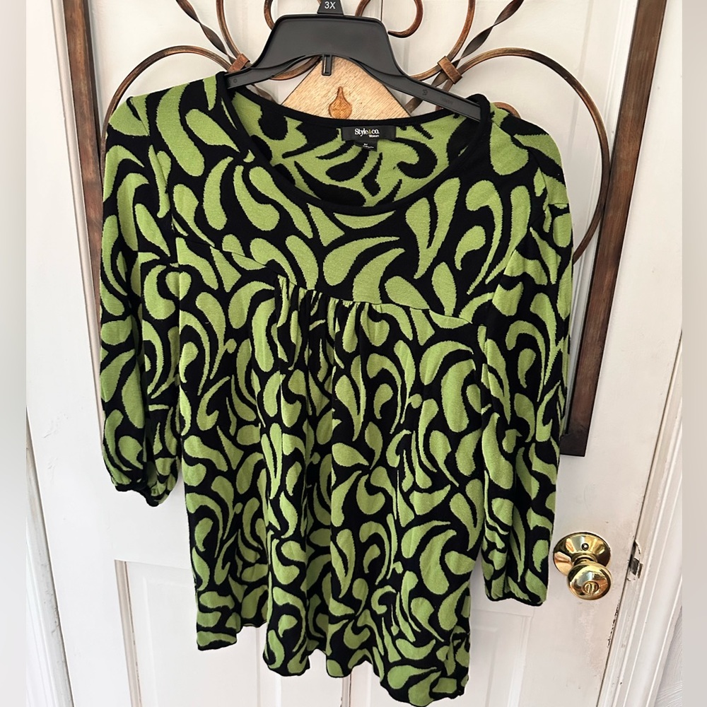 Green and black sweater by Style and Co. Very light weight-sleeves are 3/4.  3X